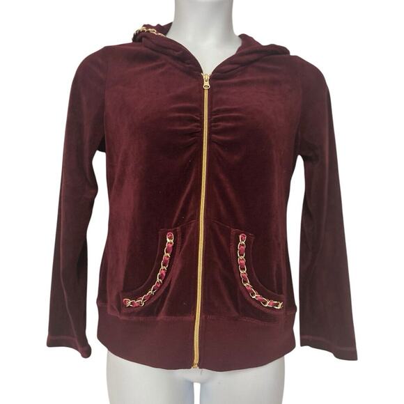 Monroe & Main Velour Tracksuit Burgundy Chain Trim Zipper Jacket Active Pant Set - Picture 9 of 16